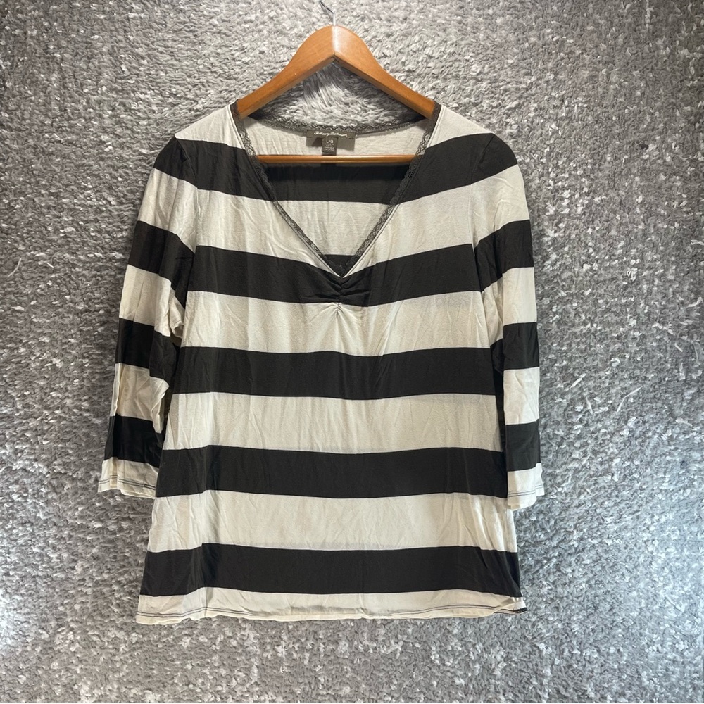 Tommy Bahama‎ 3/4 Sleeve Striped Knit Top Lightweight Cotton Modal Large Preppy